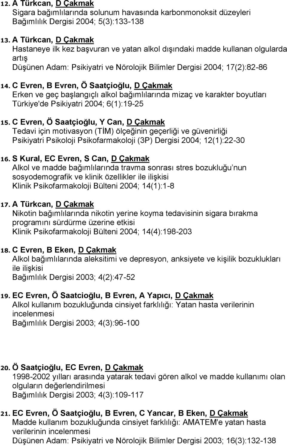 C Evren, B Evren, Ö Saatçioğlu, D Çakmak Erken ve geç başlangıçlı alkol bağımlılarında mizaç ve karakter boyutları Türkiye'de Psikiyatri 2004; 6(1):19-25 15.