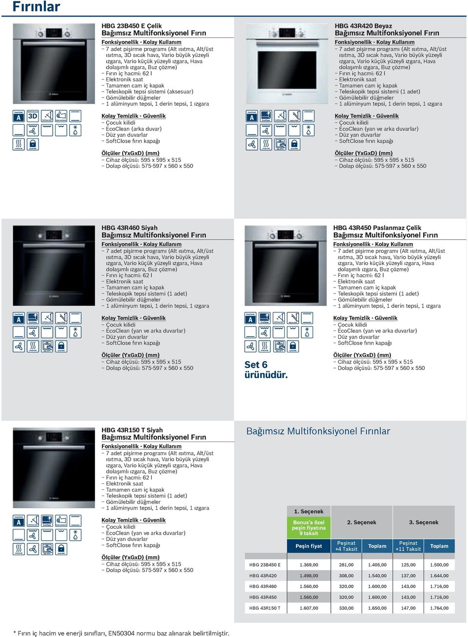 Bağımsız Multifonksiyonel Fırın 7 adet pişirme programı (Alt ısıtma, Alt/üst ısıtma, 3D sıcak hava, Vario büyük yüzeyli ızgara, Vario küçük yüzeyli ızgara, Hava dolaşımlı ızgara, Buz çözme) Fırın iç