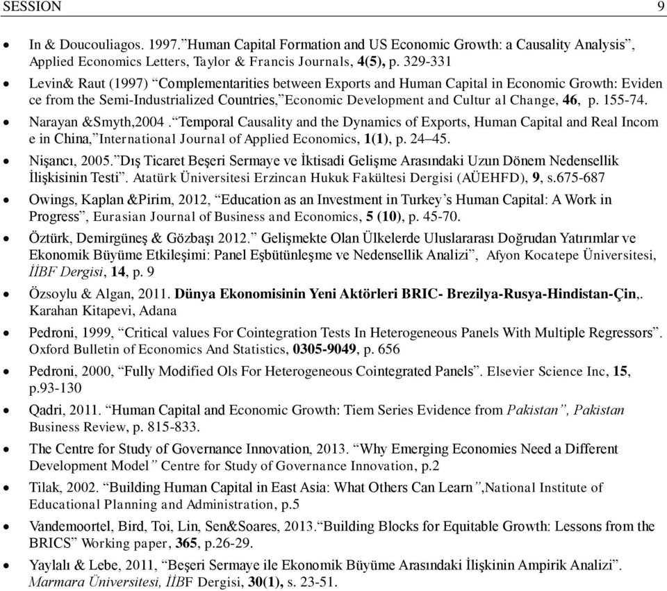 155 74. Narayan &Smyth,2004. Temporal Causality and the Dynamics of Exports, Human Capital and Real Incom e in China, International Journal of Applied Economics, 1(1), p. 24 45. Nişancı, 2005.