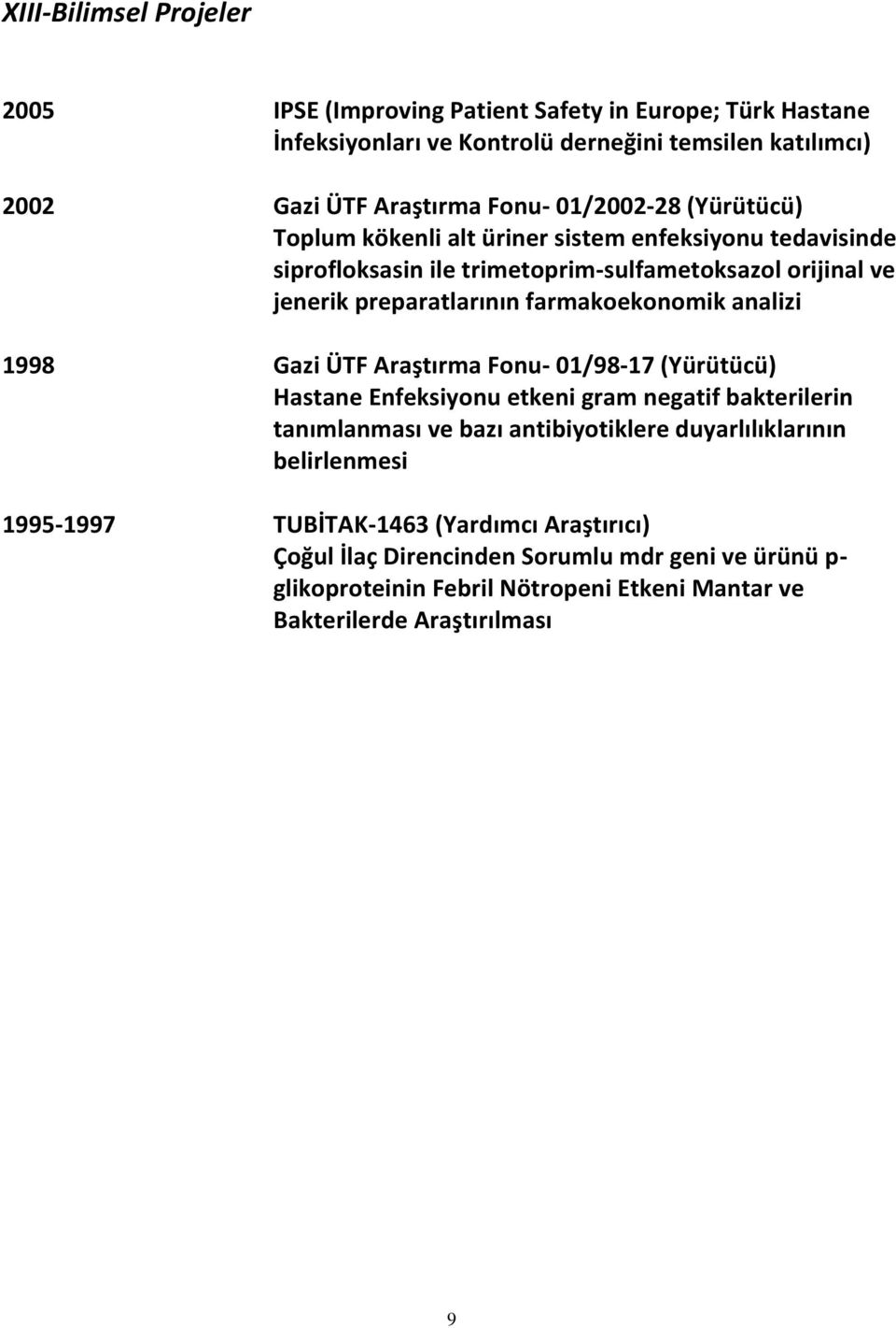 farmakoekonomik analizi 1998 Gazi ÜTF Araştırma Fonu- 01/98-17 (Yürütücü) Hastane Enfeksiyonu etkeni gram negatif bakterilerin tanımlanması ve bazı antibiyotiklere