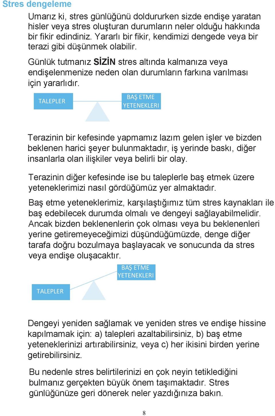 TALEPLER R BAŞ ETME YETENEKLERI Terazinin bir kefesinde yapmamız lazım gelen işler ve bizden beklenen harici şeyer bulunmaktadır, iş yerinde baskı, diğer insanlarla olan ilişkiler veya belirli bir