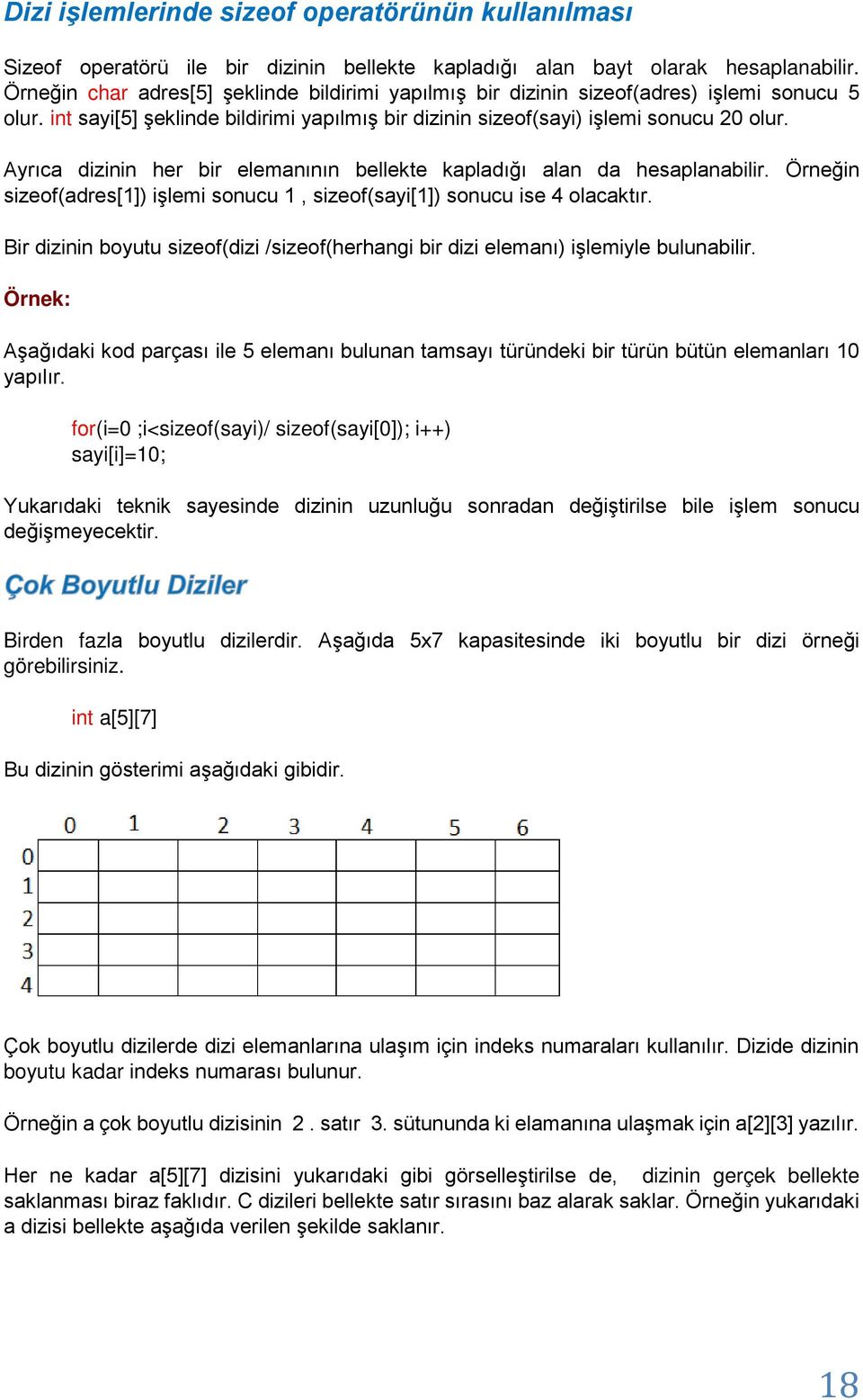 Ayrıca dizinin her bir elemanının bellekte kapladığı alan da hesaplanabilir. Örneğin sizeof(adres[1]) işlemi sonucu 1, sizeof(sayi[1]) sonucu ise 4 olacaktır.