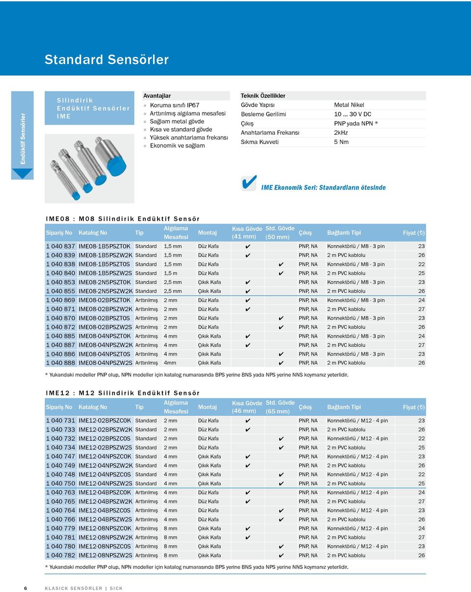 i k E n d ü k t i f S e n s ö r Algılama Sipariş No Katalog No Tip Montaj Mesafesi Kısa Gövde (41 mm) Std Gövde (50 mm) Bağlantı Tipi Fiyat ( ) 1 040 837 IME08-1B5PSZT0K Standard 1,5 mm Düz Kafa PNP,