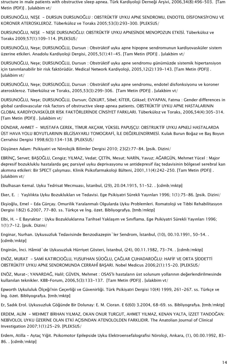 [PLEKSUS/ DURSUNOĞLU, NEŞE - NEŞE DURSUNOĞLU: OBSTRÜKTİF UYKU APNESİNDE MENOPOZUN ETKİSİ. Tüberküloz ve Toraks 2009;57(1):109-114.