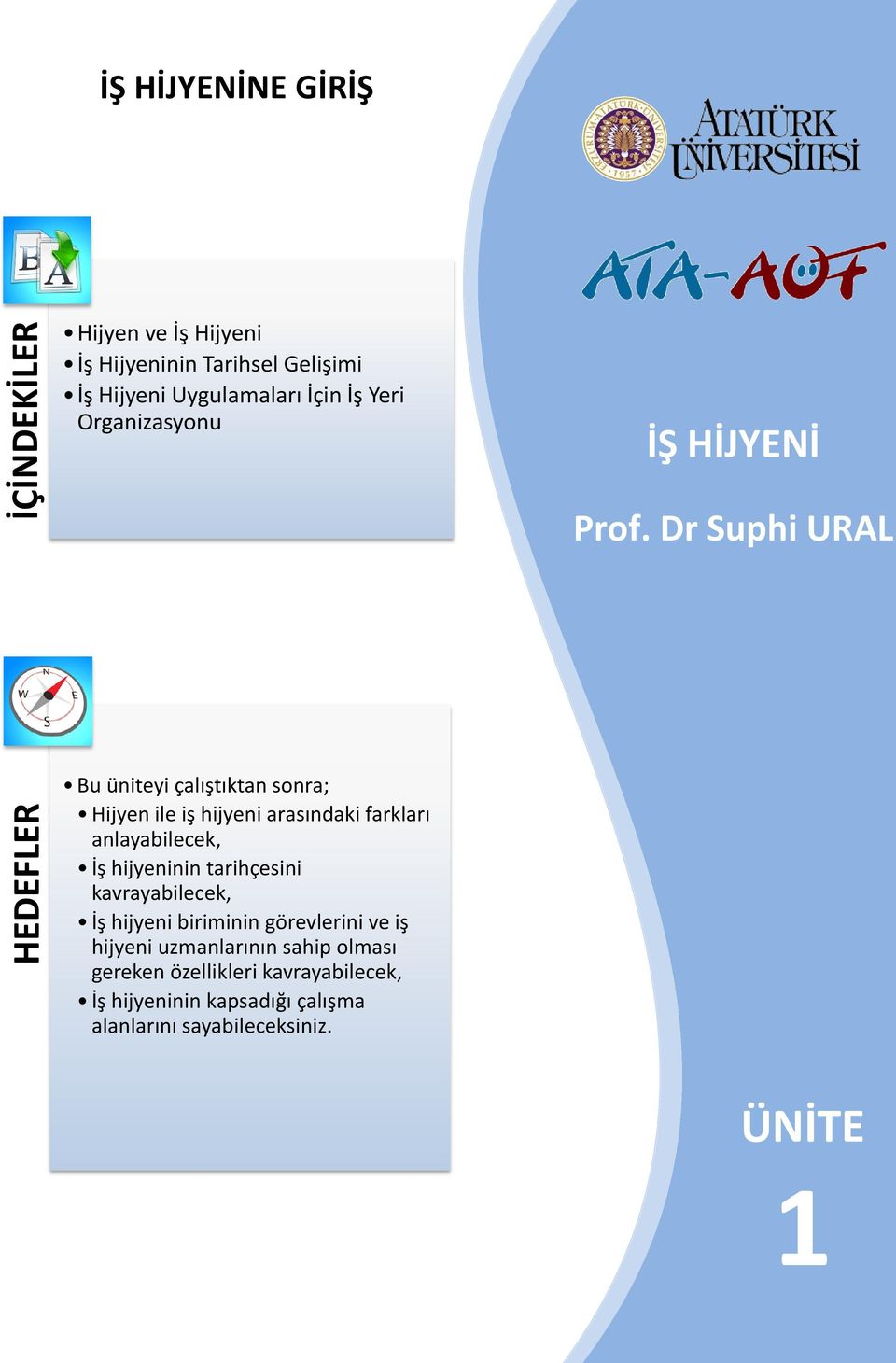 Dr Suphi URAL HEDEFLER Bu üniteyi çalıştıktan sonra; Hijyen ile iş hijyeni arasındaki farkları anlayabilecek, İş