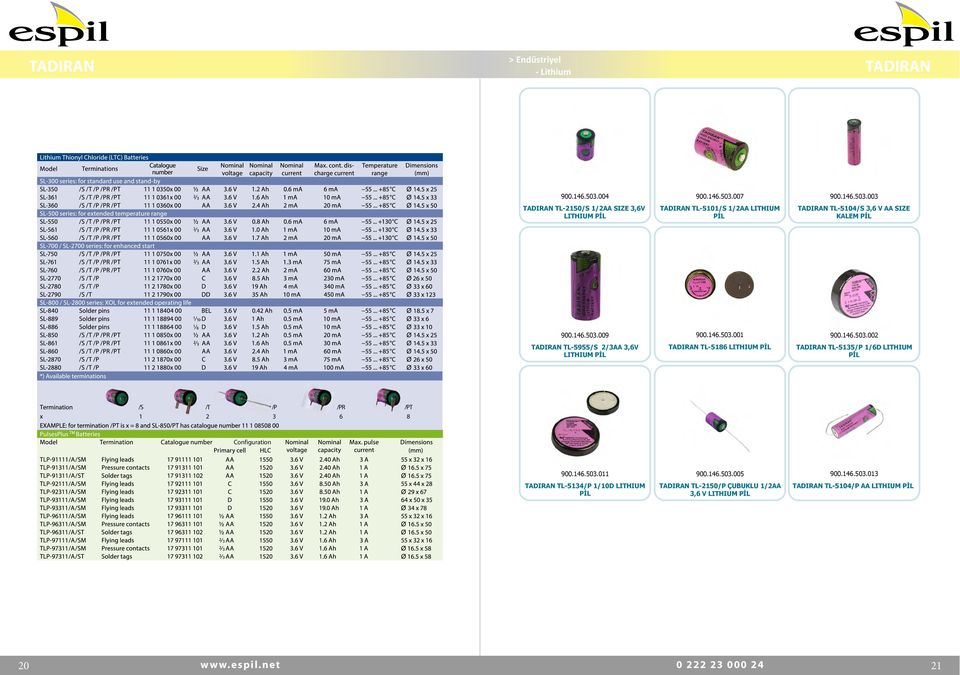 146.503.002 TADIRAN TL-5135/P 1/6D LITHIUM PİL /S /T /P /PR /PT 1 2 3 6 8 Configuration 900.146.503.011 TADIRAN TL-5134/P 1/10D LITHIUM PİL 900.