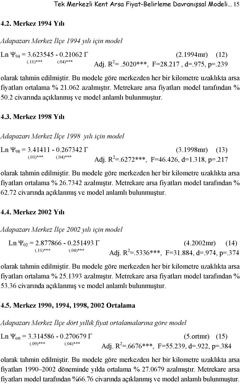 Metrekare arsa fiyatları model tarafından % 50.2 civarında açıklanmış ve model anlamlı bulunmuştur. 4.3. Merkez 1998 Yılı Adapazarı Merkez İlçe 1998 yılı için model Ln Ψ 98 = 3.41411-0.267342 Γ (3.