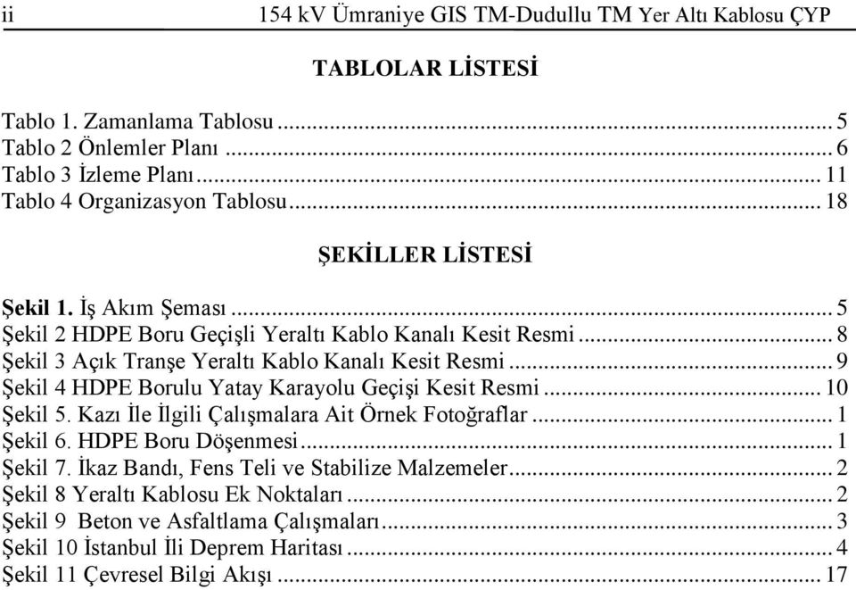 .. 8 Şekil 3 Açık Tranşe Yeraltı Kablo Kanalı Kesit Resmi... 9 Şekil 4 HDPE Borulu Yatay Karayolu Geçişi Kesit Resmi... 10 Şekil 5. Kazı İle İlgili Çalışmalara Ait Örnek Fotoğraflar.