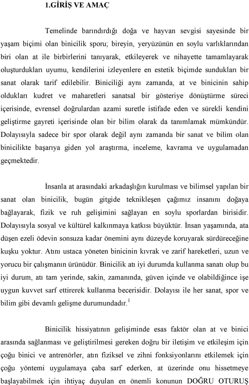 Biniciliği aynı zamanda, at ve binicinin sahip oldukları kudret ve maharetleri sanatsal bir gösteriye dönüştürme süreci içerisinde, evrensel doğrulardan azami suretle istifade eden ve sürekli kendini