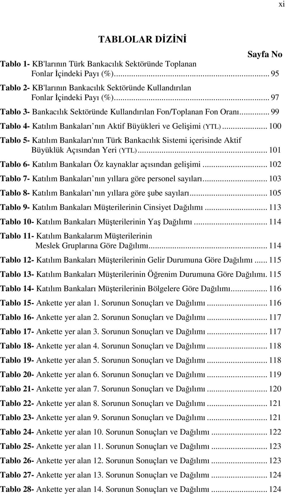 .. 100 Tablo 5- Katılım Bankaları'nın Türk Bankacılık Sistemi içerisinde Aktif Büyüklük Açısından Yeri (YTL)... 101 Tablo 6- Katılım Bankaları Öz kaynaklar açısından gelişimi.