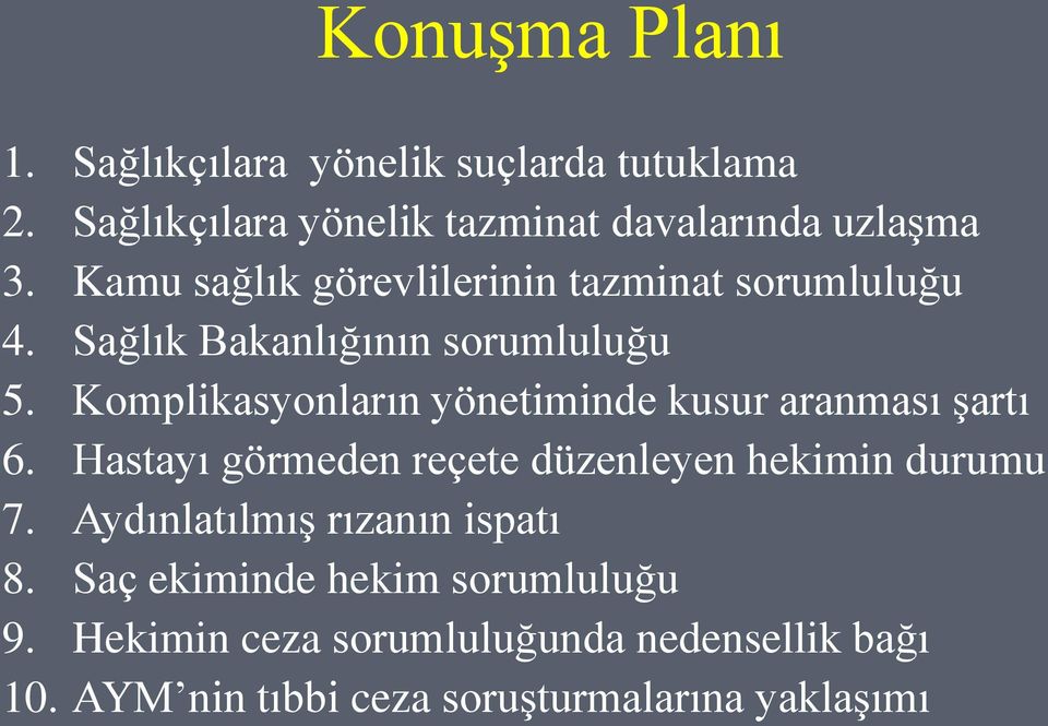 Komplikasyonların yönetiminde kusur aranması şartı 6. Hastayı görmeden reçete düzenleyen hekimin durumu 7.