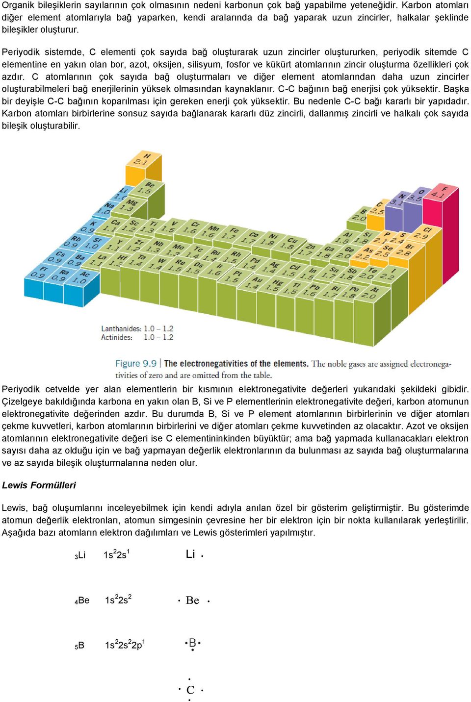 Periyodik sistemde, C elementi çok sayıda bağ oluşturarak uzun zincirler oluştururken, periyodik sitemde C elementine en yakın olan bor, azot, oksijen, silisyum, fosfor ve kükürt atomlarının zincir