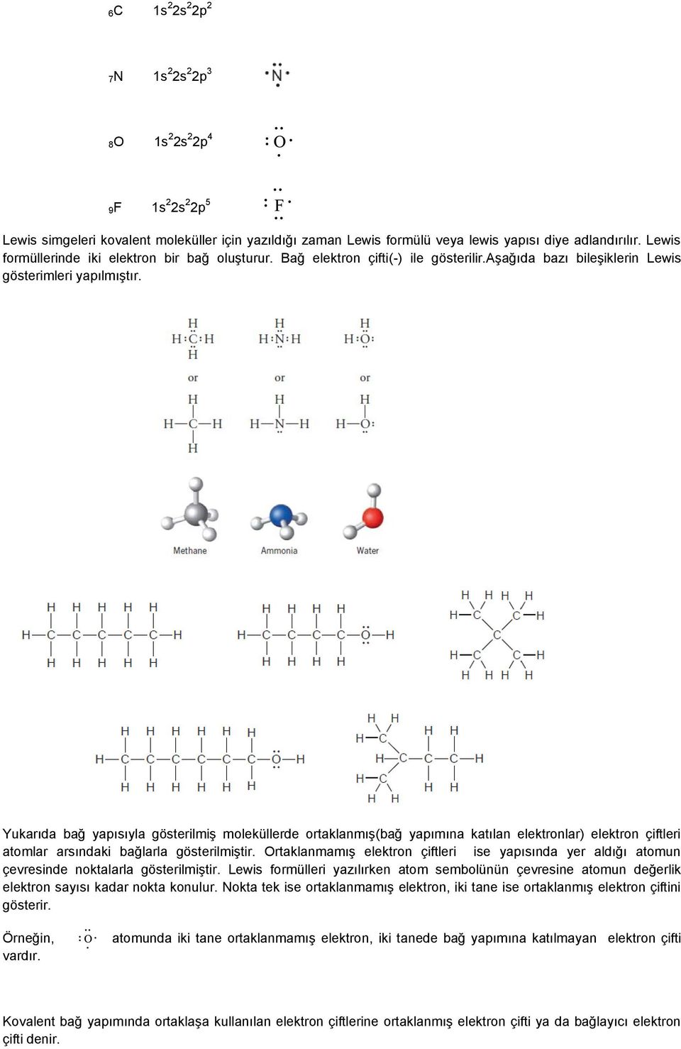 Yukarıda bağ yapısıyla gösterilmiş moleküllerde ortaklanmış(bağ yapımına katılan elektronlar) elektron çiftleri atomlar arsındaki bağlarla gösterilmiştir.