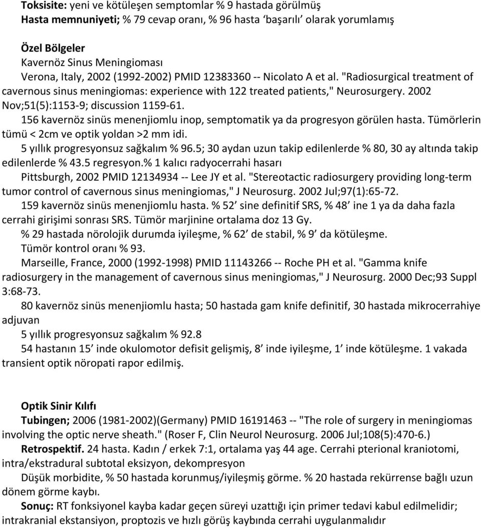 156 kavernöz sinüs menenjiomlu inop, semptomatik ya da progresyon görülen hasta. Tümörlerin tümü < 2cm ve optik yoldan >2 mm idi. 5 yıllık progresyonsuz sağkalım % 96.