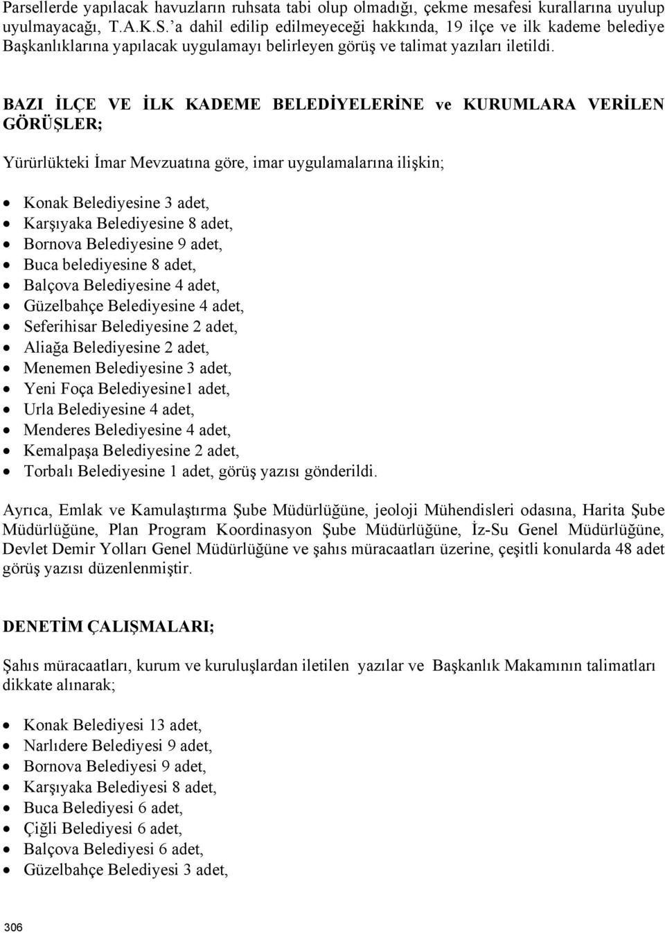 BAZI İLÇE VE İLK KADEME BELEDİYELERİNE ve KURUMLARA VERİLEN GÖRÜŞLER; Yürürlükteki İmar Mevzuatına göre, imar uygulamalarına ilişkin; Konak Belediyesine 3 adet, Karşıyaka Belediyesine 8 adet, Bornova