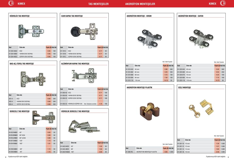 71 50 BAS-AÇ (TERS) TAS MENTEŞE ALÜMİNYUM KAPAK TAS MENTEŞE Not: Adet Fiyatıdır. Not: Adet Fiyatıdır. 01-310-043 43 mm 0.98 500 01-310-062 62 mm 3.25 250 01-310-069 69 mm 4.15 100 01-310-094 94 mm 7.