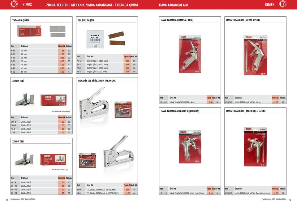 85 6 P6-22 BAŞSIZ ÇİVİ (10.000 Adet) 3.20 50 F-50 50 mm 5.90 6 P8-18 BAŞSIZ ÇİVİ (5.000 Adet) 1.50 50 ZIMBA TELİ MEKANİK (EL TİPİ) ZIMBA TABANCASI HT-1010 HAVA TABANCASI METAL (Kısa) 3.