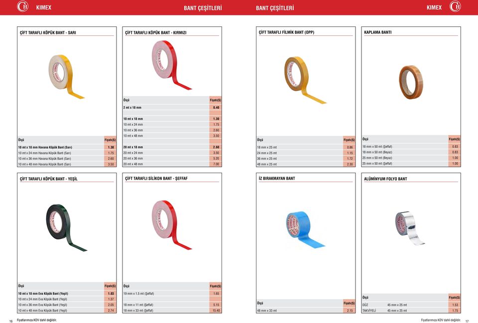 75 10 mt x 36 mm Havana Köpük Bant (Sarı) 2.60 10 mt x 48 mm Havana Köpük Bant (Sarı) 3.50 20 mt x 18 mm 2.60 20 mt x 24 mm 3.50 20 mt x 36 mm 5.20 20 mt x 48 mm 7.00 18 mm x 25 mt 0.
