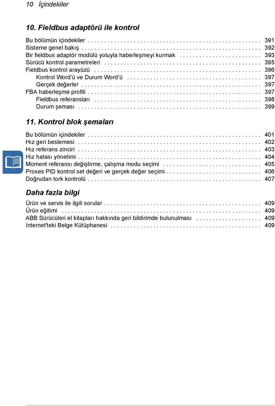 ............................................... 395 Fieldbus kontrol arayüzü................................................... 396 Kontrol Word ü ve Durum Word ü......................................... 397 Gerçek değerler.