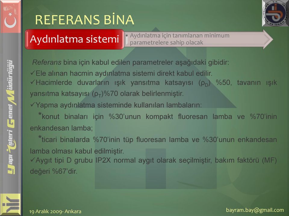 Yapma aydınlatma sisteminde kullanılan lambaların: *konut binaları için %30 unun kompakt fluoresan lamba ve %70 inin enkandesan lamba; *ticari binalarda %70 inin