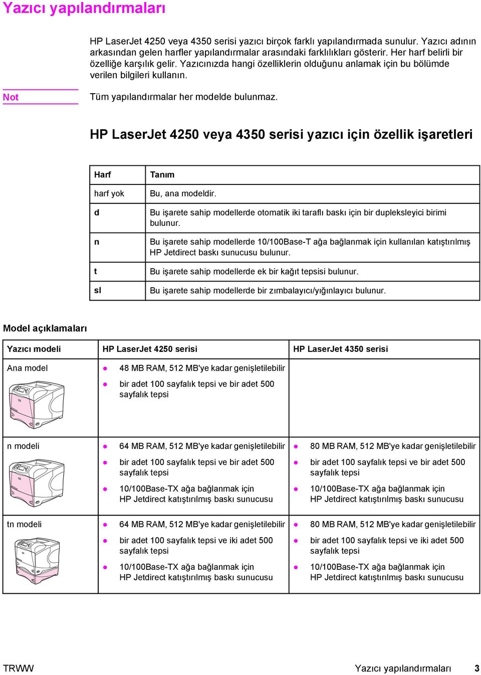 HP LaserJet 4250 veya 4350 serisi yazıcı için özellik işaretleri Harf harf yok d n t sl Tanım Bu, ana modeldir.