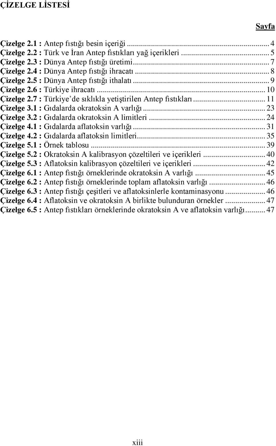 .. 11 Çizelge 3.1 : Gıdalarda okratoksin A varlığı... 23 Çizelge 3.2 : Gıdalarda okratoksin A limitleri... 24 Çizelge 4.1 : Gıdalarda aflatoksin varlığı... 31 Çizelge 4.