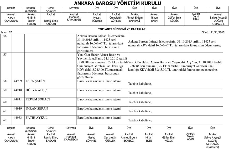 58 44909 ESRA ŞAHİN Baro Levhası'ndan silinme istemi Ankara Barosu İktisadi İşletmesi'nin, 31.10.2015 tarihli, 11425 seri numaralı KDV dahil 16.666,67.TL.