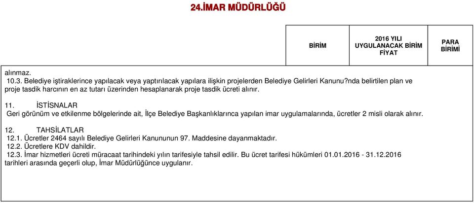 İSTİSNALAR Geri görünüm ve etkilenme bölgelerinde ait, İlçe Belediye Başkanlıklarınca yapılan imar uygulamalarında, ücretler 2 misli olarak alınır. 12