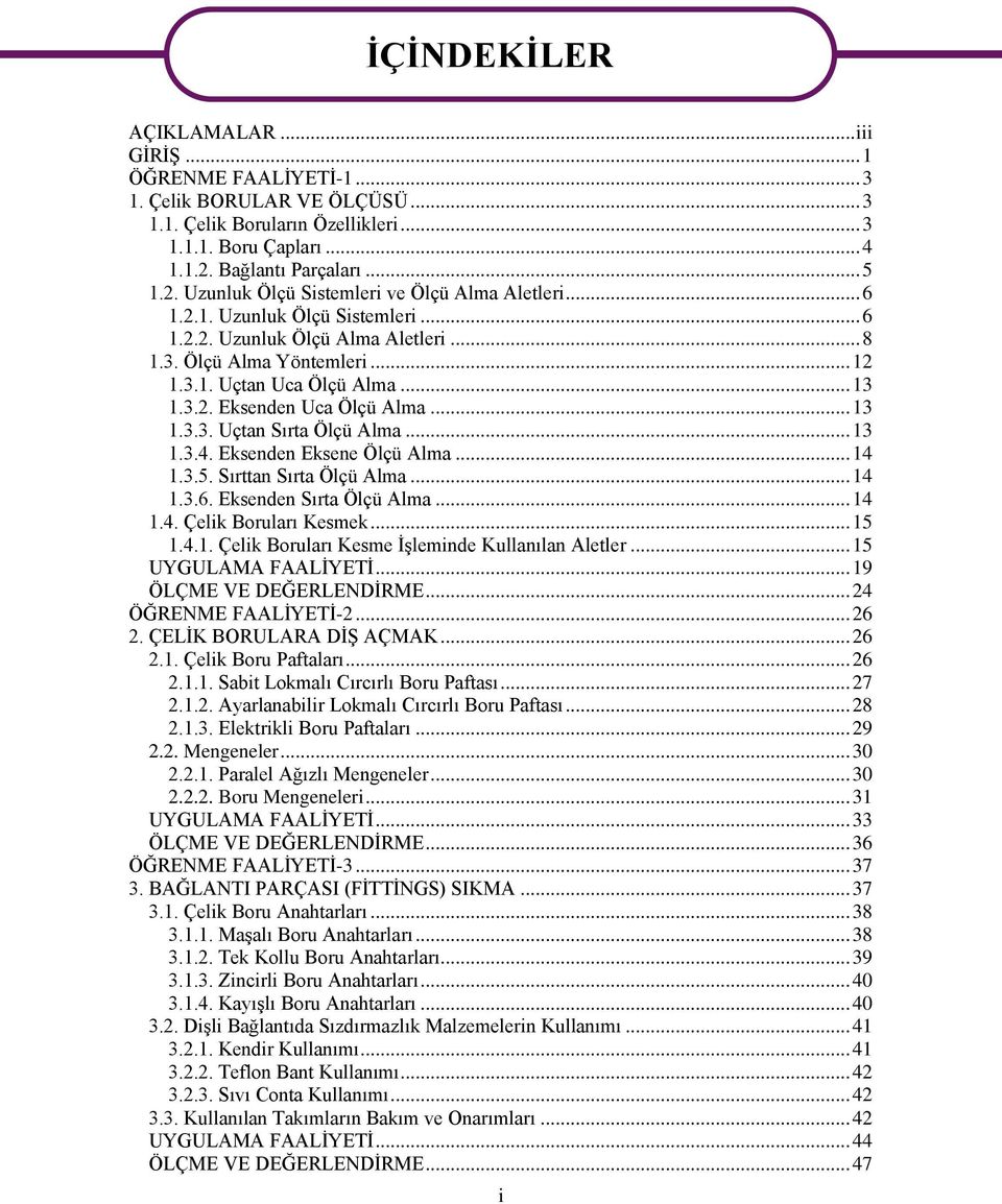 .. 13 1.3.2. Eksenden Uca Ölçü Alma... 13 1.3.3. Uçtan Sırta Ölçü Alma... 13 1.3.4. Eksenden Eksene Ölçü Alma... 14 1.3.5. Sırttan Sırta Ölçü Alma... 14 1.3.6. Eksenden Sırta Ölçü Alma... 14 1.4. Çelik Boruları Kesmek.