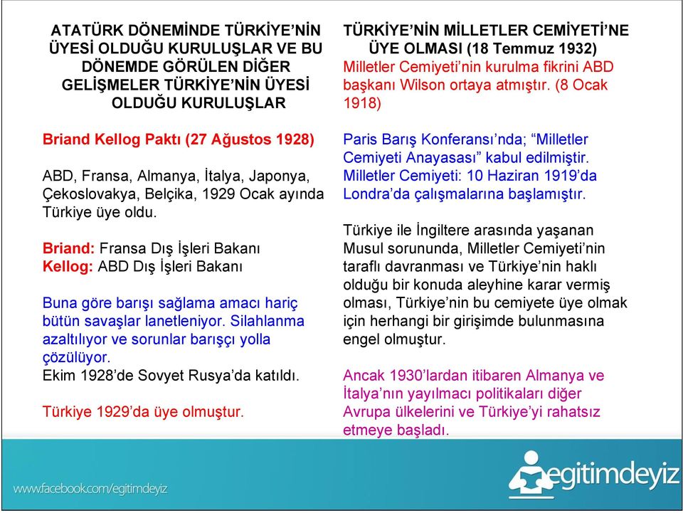Silahlanma azaltılıyor ve sorunlar barışçı yolla çözülüyor. Ekim 1928 de Sovyet Rusya da katıldı. Türkiye 1929 da üye olmuştur.