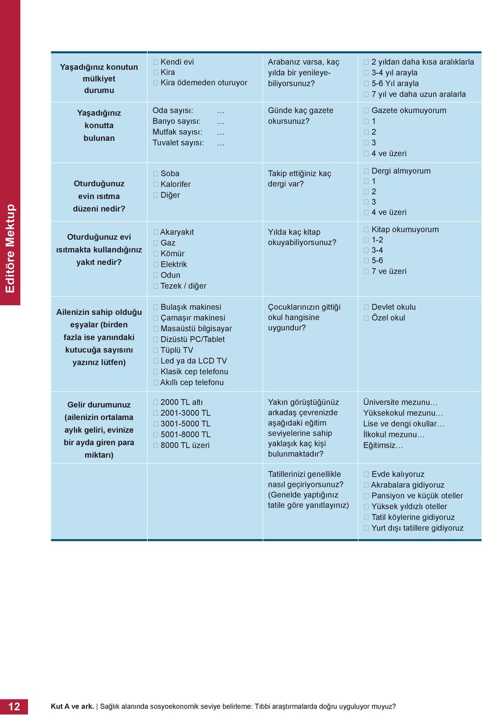 okursunuz? Gazete okumuyorum 1 2 3 4 ve üzeri Oturduğunuz evin ısıtma düzeni nedir? Oturduğunuz evi ısıtmakta kullandığınız yakıt nedir?