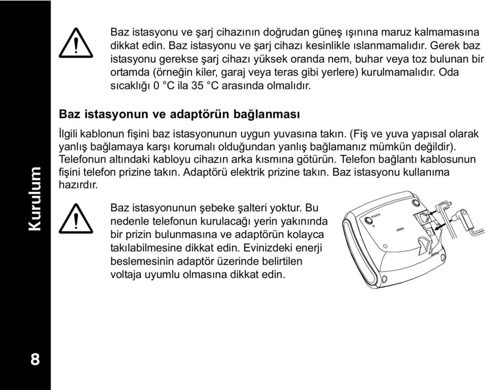 Oda s cakl ğ 0 C ila 35 C aras nda olmal d r. Kurulum Baz istasyonun ve adaptörün bağlanmas lgili kablonun fişini baz istasyonunun uygun yuvas na tak n.