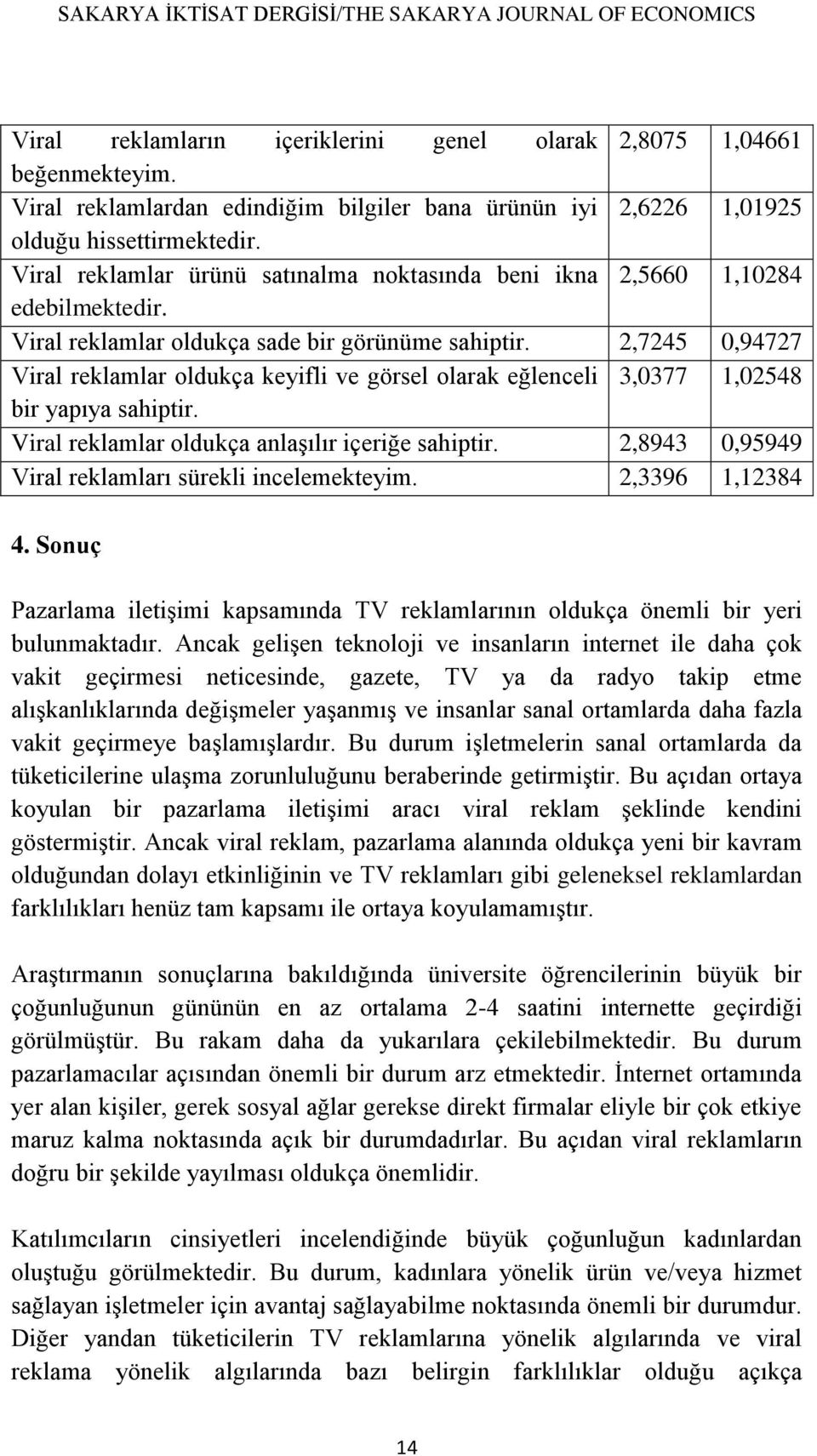 Viral reklamlar oldukça sade bir görünüme sahiptir. 2,7245 0,94727 Viral reklamlar oldukça keyifli ve görsel olarak eğlenceli 3,0377 1,02548 bir yapıya sahiptir.