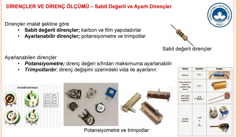 Ayarlanabilen dirençler Potansiyometre; direnç değeri sıfırdan maksimuma ayarlanabilir.