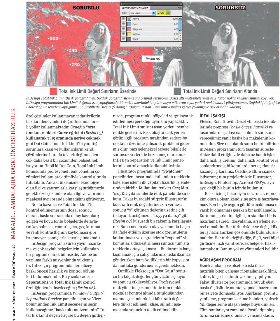 InDesign programından Ink Limit değerini 270 yaptığımızda bir nokta üzerindeki toplam boya miktarını aşan yerleri renkli olarak görüyorsunuz.