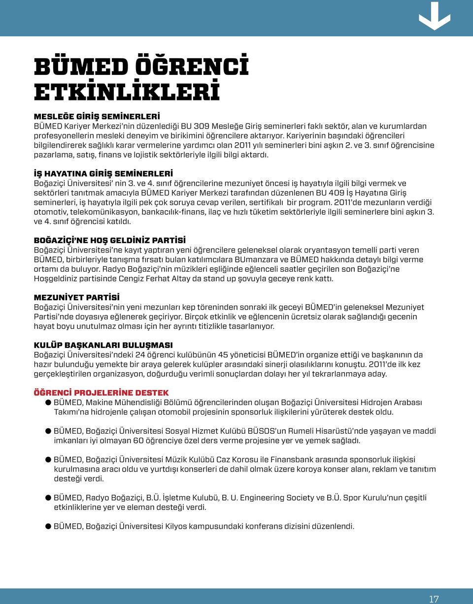 sınıf öğrencisine pazarlama, satış, finans ve lojistik sektörleriyle ilgili bilgi aktardı. İŞ HAYATINA GİRİŞ SEMİNERLERİ Boğaziçi Üniversitesi nin 3. ve 4.