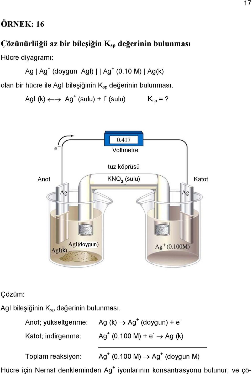 Voltmetre tuz köprüsü Anot KNO 3 (sulu) Katot k doygun AgI bileşiğinin K sp değerinin bulunması.