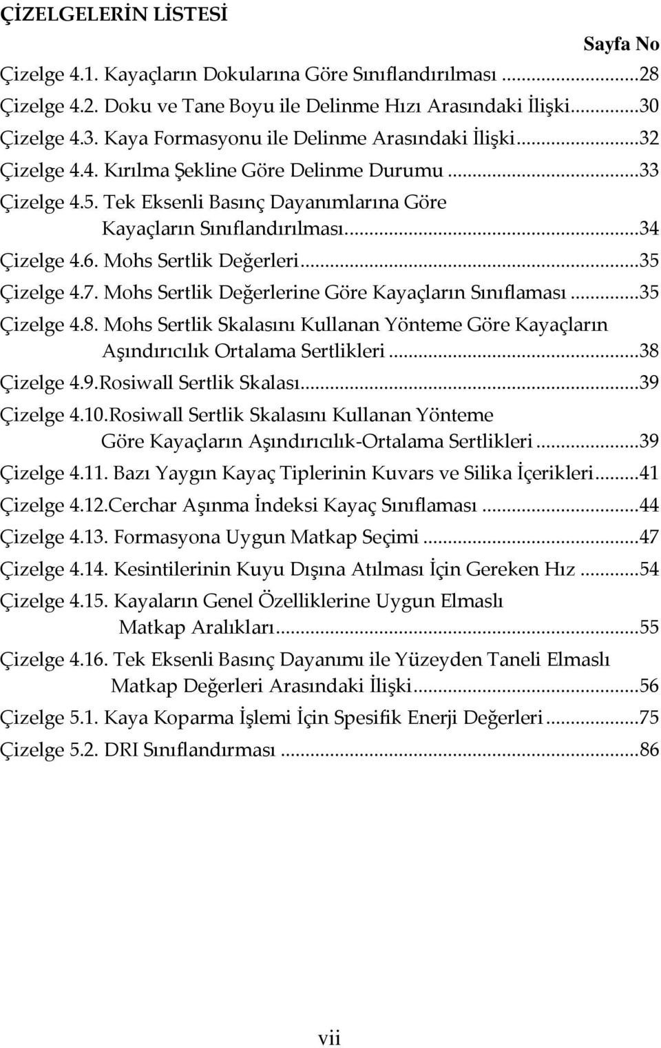 ... 34 Çizelge 4.6. Mohs Sertlik Değerleri... 35 Çizelge 4.7. Mohs Sertlik Değerlerine Göre Kayaçların Sınıflaması... 35 Çizelge 4.8.