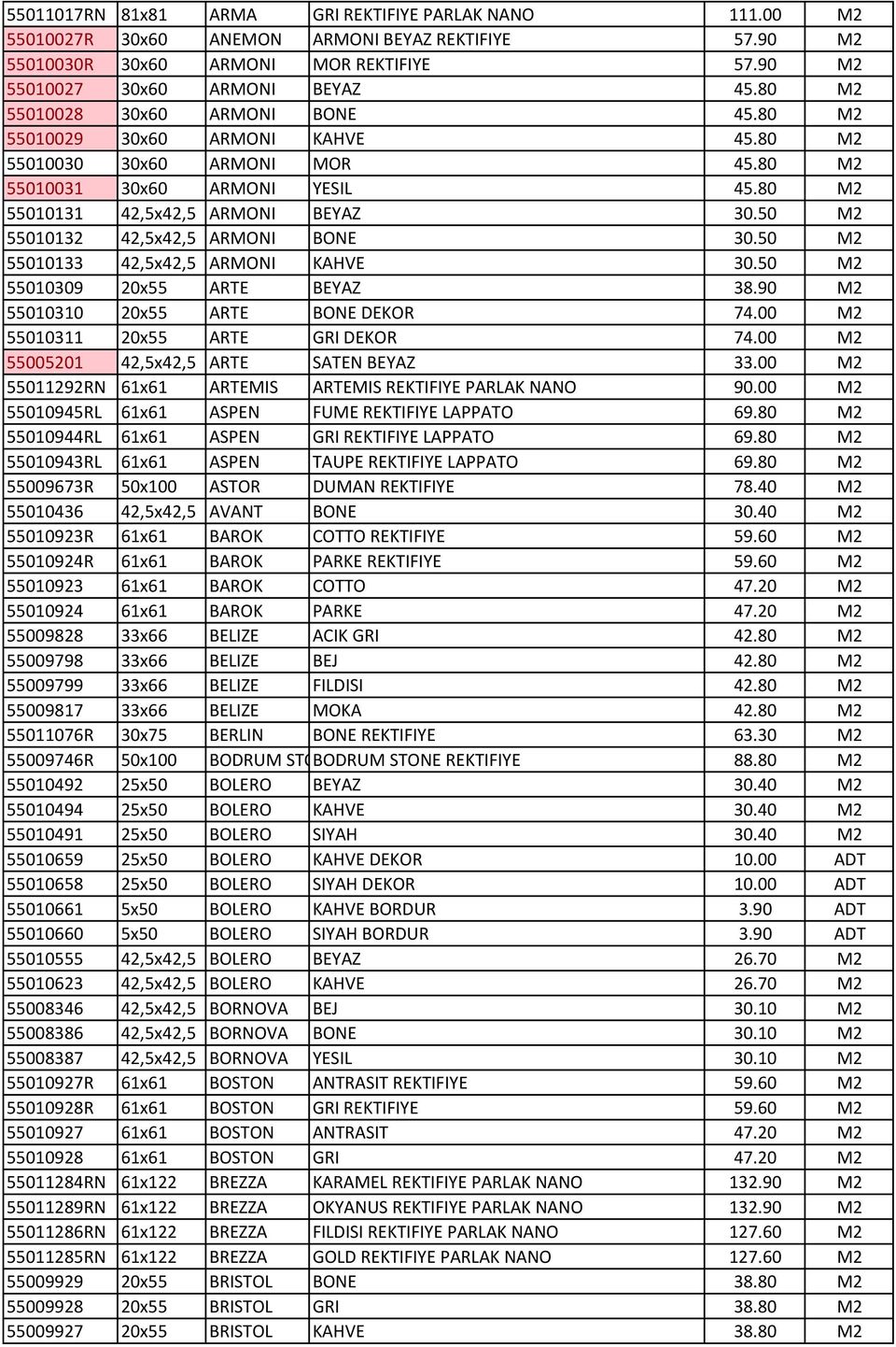 50 M2 55010132 42,5x42,5 ARMONI BONE 30.50 M2 55010133 42,5x42,5 ARMONI KAHVE 30.50 M2 55010309 20x55 ARTE BEYAZ 38.90 M2 55010310 20x55 ARTE BONE DEKOR 74.00 M2 55010311 20x55 ARTE GRI DEKOR 74.