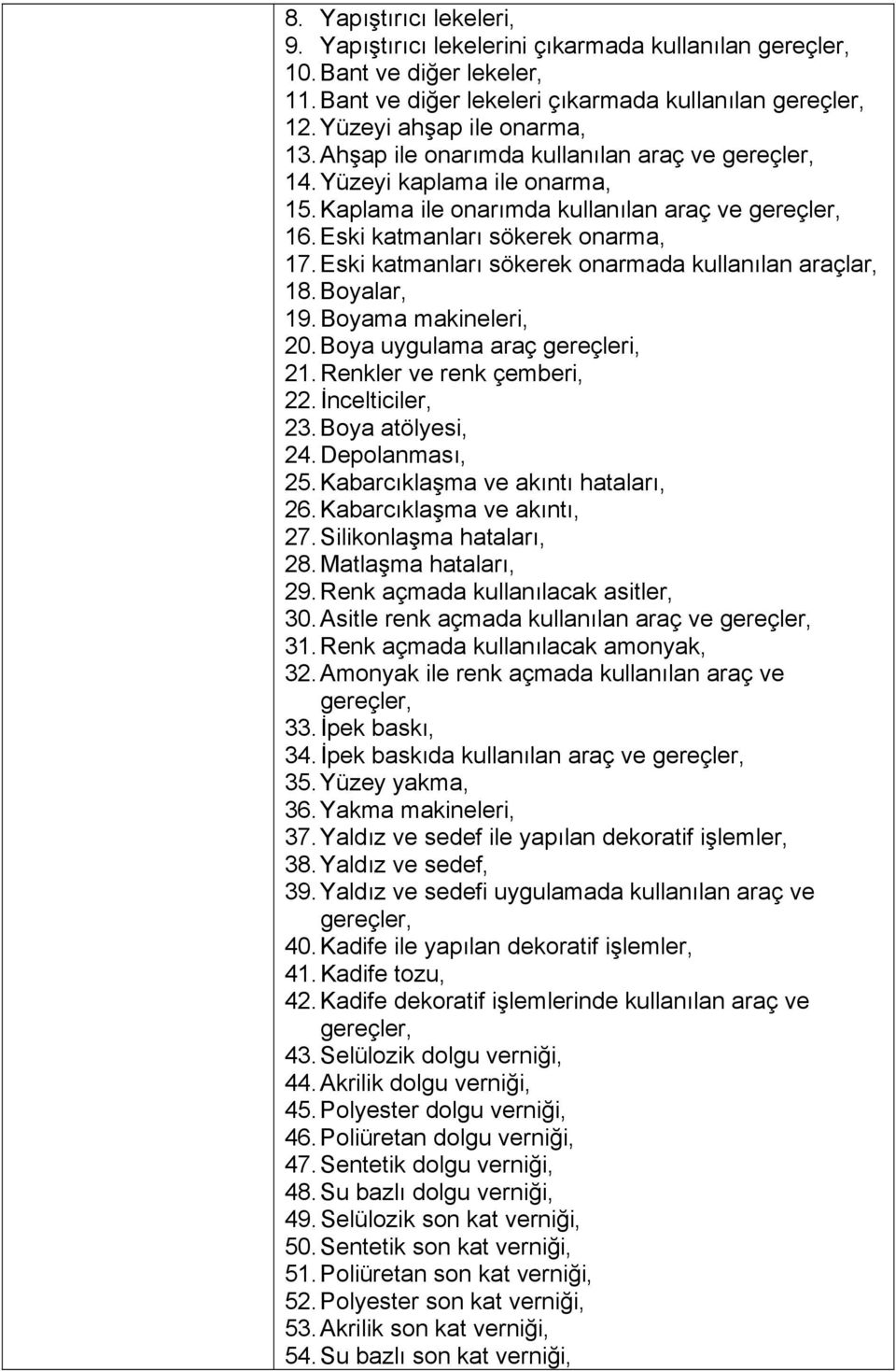 Eski katmanları sökerek onarmada kullanılan araçlar, 18. Boyalar, 19. Boyama makineleri, 20. Boya uygulama araç gereçleri, 21. Renkler ve renk çemberi, 22. İncelticiler, 23. Boya atölyesi, 24.