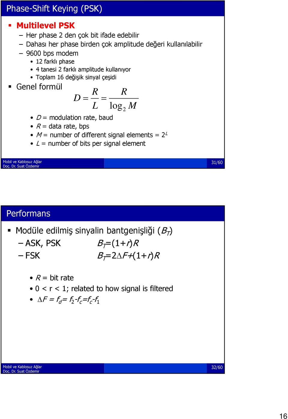 R = data rate, bps M = number of different signal elements = 2 L L = number of bits per signal element 31/60 Performans Modüle edilmiş sinyalin