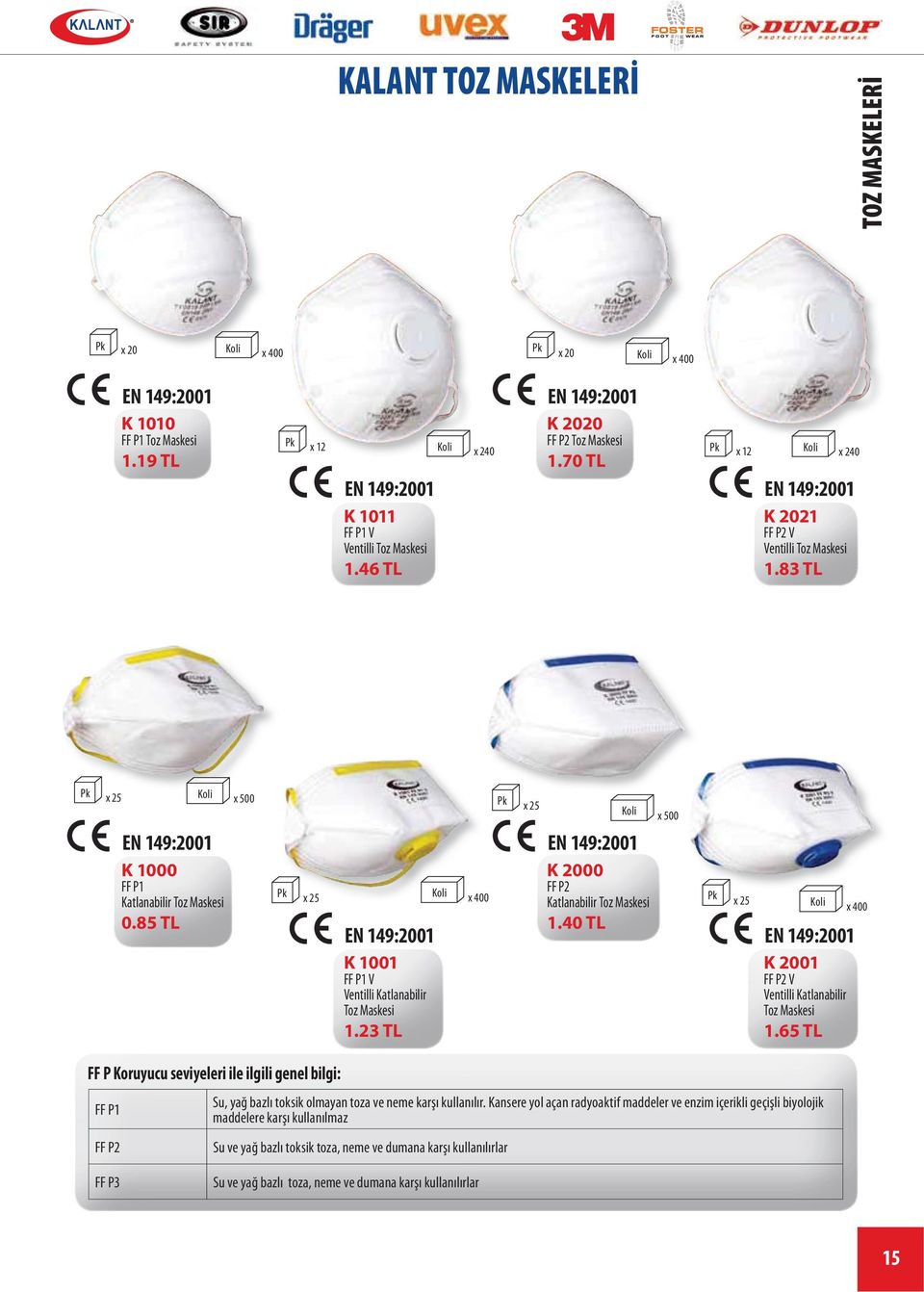 83 TL Pk x 25 Koli EN 149:2001 K 1000 FF P1 Katlanabilir Toz Maskesi 0.85 TL x 500 Pk x 25 EN 149:2001 K 1001 FF P1 V Ventilli Katlanabilir Toz Maskesi 1.