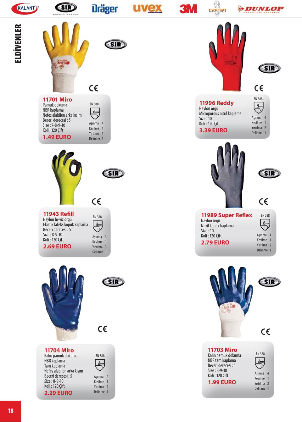 39 EURO EN 388 Aşınma 4 Kesilme 1 Yırtılma 2 Delinme 1 11943 Refill Naylon hi-viz örgü Elastik lateks köpük kaplama Beceri derecesi : 5 Size : 8-9-10 Koli : 120 Çift 2.