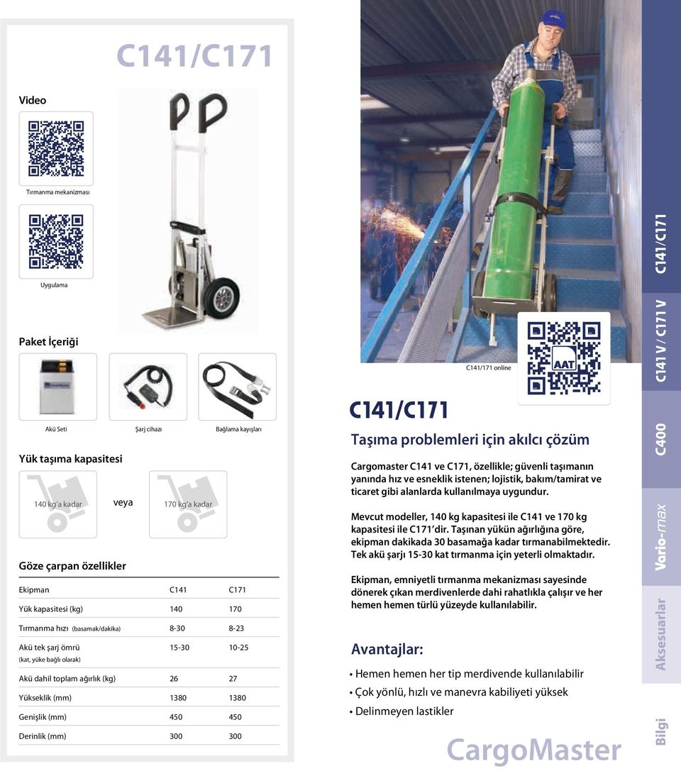 alanlarda kullanılmaya uygundur. Mevcut modeller, 140 kg kapasitesi ile C141 ve 170 kg kapasitesi ile C171 dir. Taşınan yükün ağırlığına göre, ekipman dakikada 30 basamağa kadar tırmanabilmektedir.