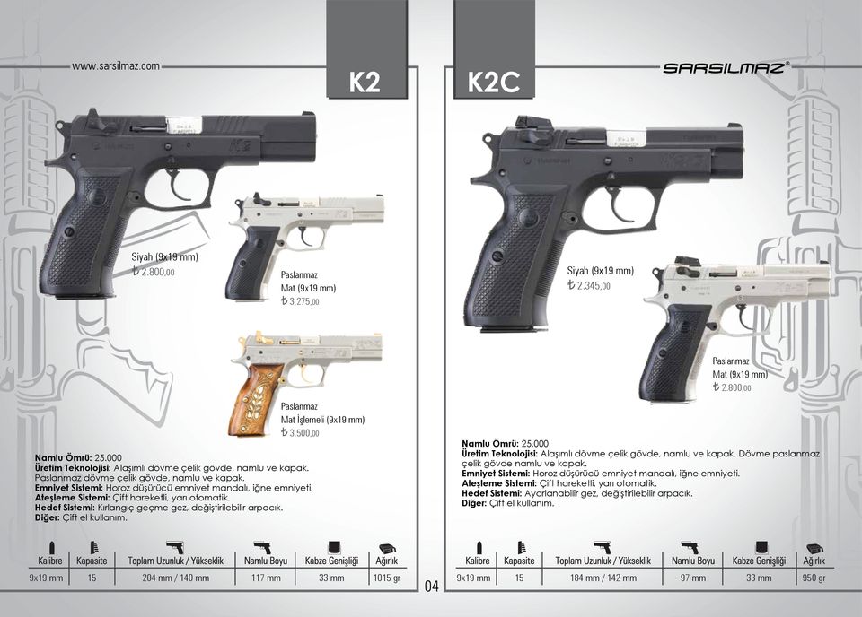 Hedef Sistemi: Kırlangıç geçme gez, değiştirilebilir arpacık. Diğer: Çift el kullanım. Mat İşlemeli (9x19 mm) 3.500,00 2.