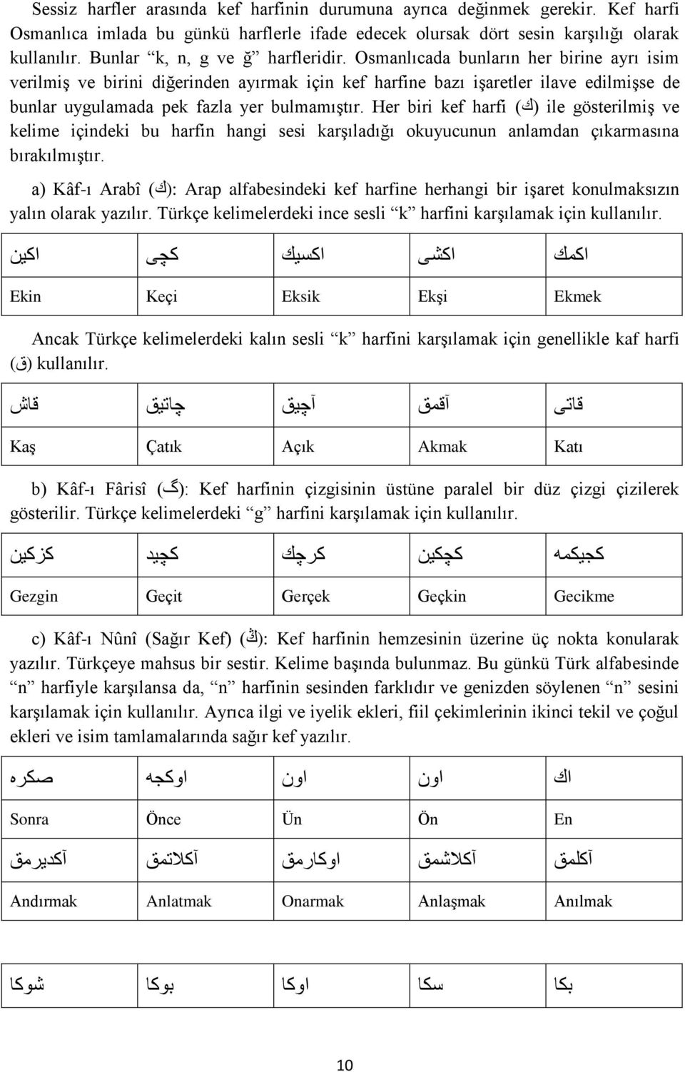 Osmanlıcada bunların her birine ayrı isim verilmiş ve birini diğerinden ayırmak için kef harfine bazı işaretler ilave edilmişse de bunlar uygulamada pek fazla yer bulmamıştır.