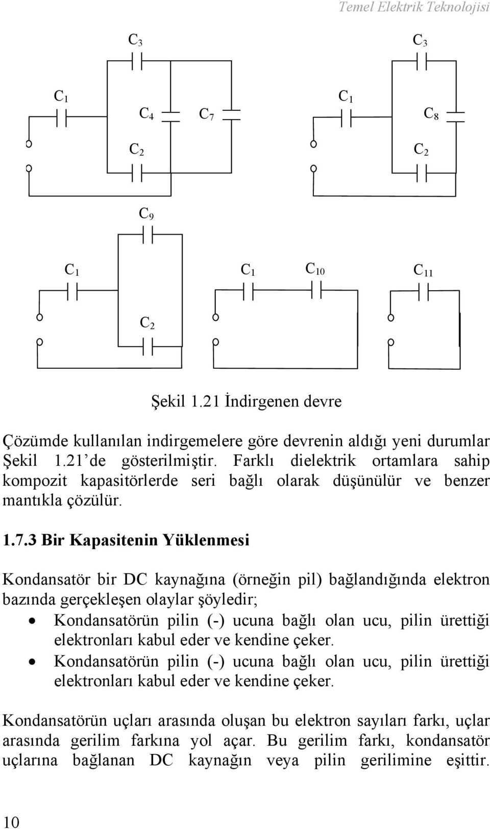 3 Bir Kapasitenin Yüklenmesi Kondansatör bir DC kaynağına (örneğin pil) bağlandığında elektron bazında gerçekleşen olaylar şöyledir; Kondansatörün pilin (-) ucuna bağlı olan ucu, pilin ürettiği