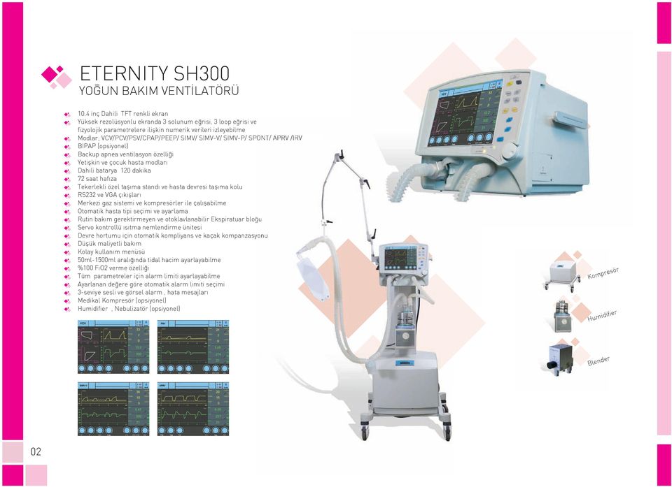 SIMV-P/ SPONT/ APRV /IRV BIPAP (opsiyonel) Backup apnea ventilasyon özelliği Yetişkin ve çocuk hasta modları Dahili batarya 120 dakika 72 saat hafıza Tekerlekli özel taşıma standı ve hasta devresi