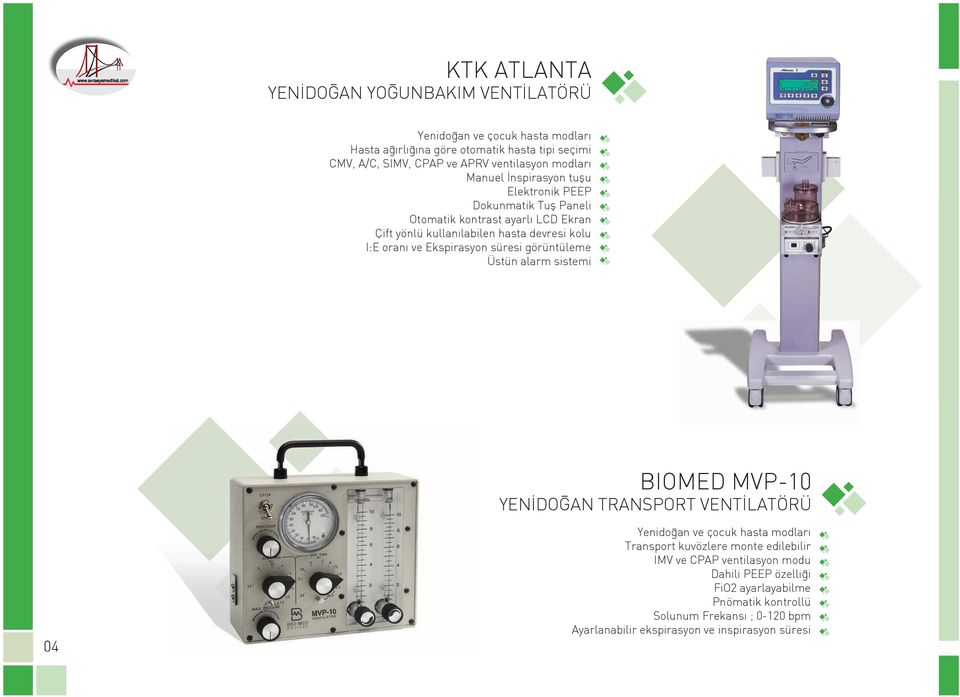 oranı ve Ekspirasyon süresi görüntüleme Üstün alarm sistemi BIOMED MVP-10 YENİDOĞAN TRANSPORT VENTİLATÖRÜ 04 Yenidoğan ve çocuk hasta modları Transport kuvözlere