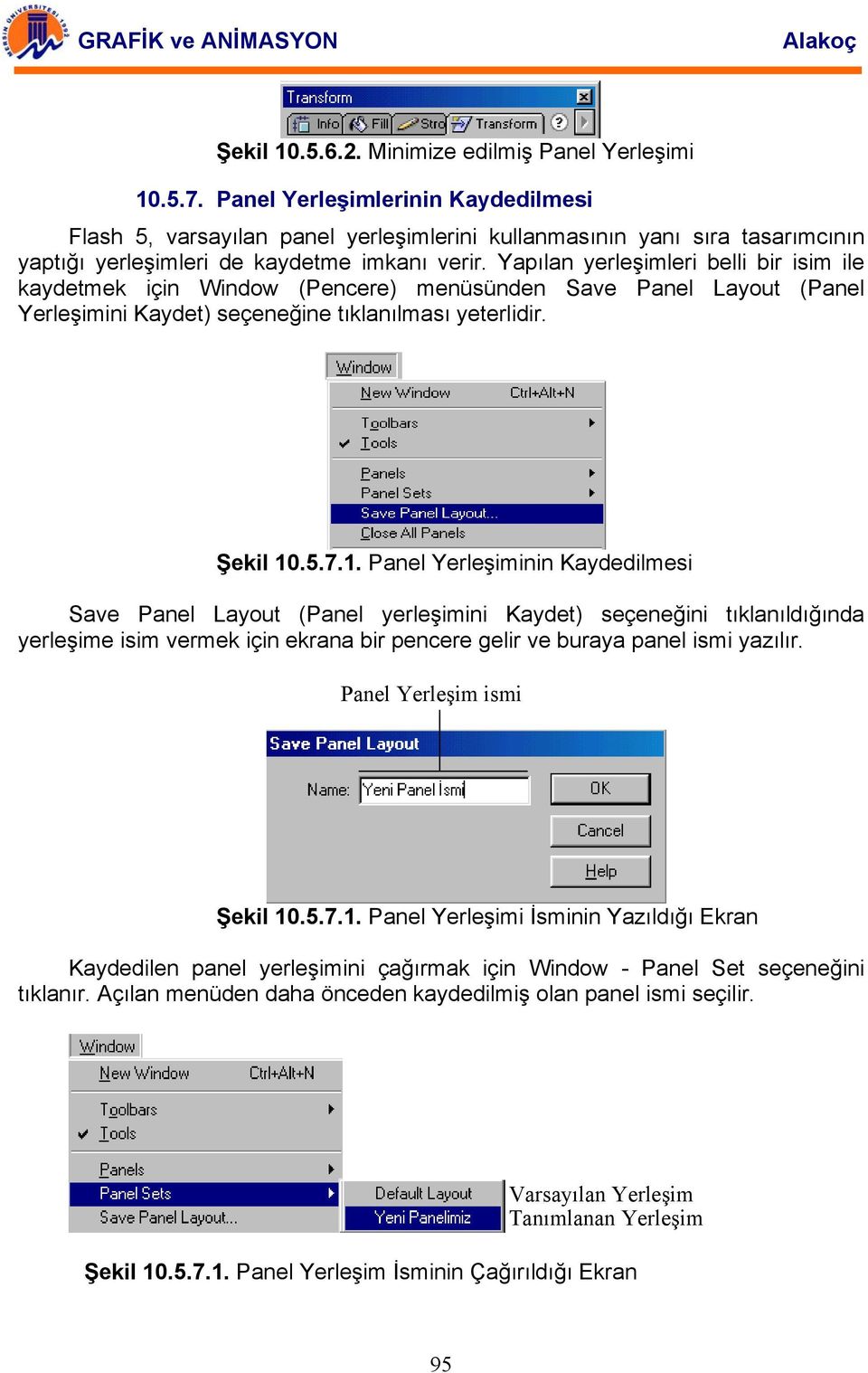 Yapılan yerleşimleri belli bir isim ile kaydetmek için Window (Pencere) menüsünden Save Panel Layout (Panel Yerleşimini Kaydet) seçeneğine tıklanılması yeterlidir. Şekil 10